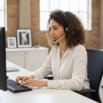femme au téléphone assise à son bureau