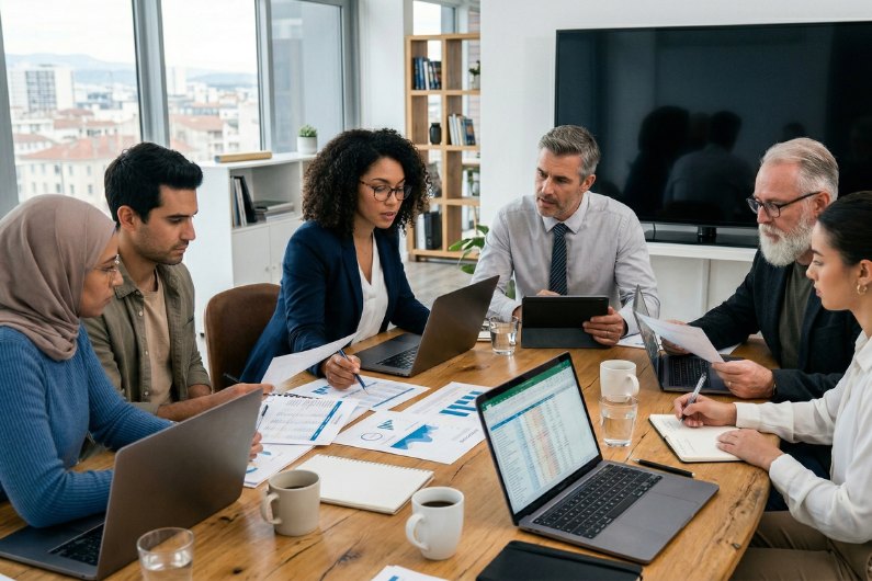 groupe de personnes qui analysent des résultats en salle de réunion