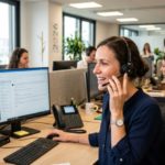 Femme secrétaire au téléphone dans un open space