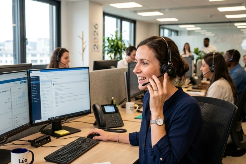 Femme secrétaire au téléphone dans un open space