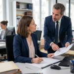 Une secrétaire juridique assise à son bureau échange de manière concentrée avec un avocat en costume qui lui présente un document de procédure