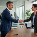 Deux personnes concluant un contrat pour le service Friendly Follow up de Thelem