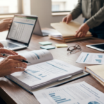 Deux personnes analysant des rapports financiers sur un bureau