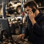 Garagiste en atelier automobile répondant au téléphone tout en travaillant sur un ordinateur