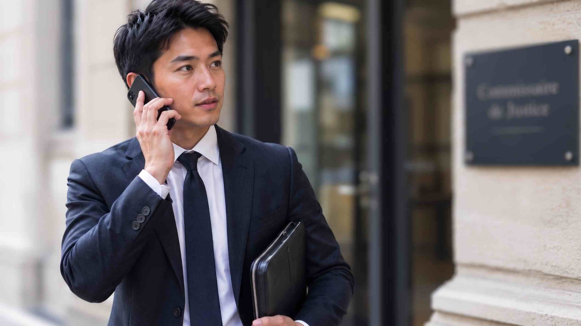 Commissaire de justice devant son office, au téléphone
