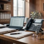 Bureau d'étude notariale avec téléphone fixe, dossiers juridiques et ordinateur portable.